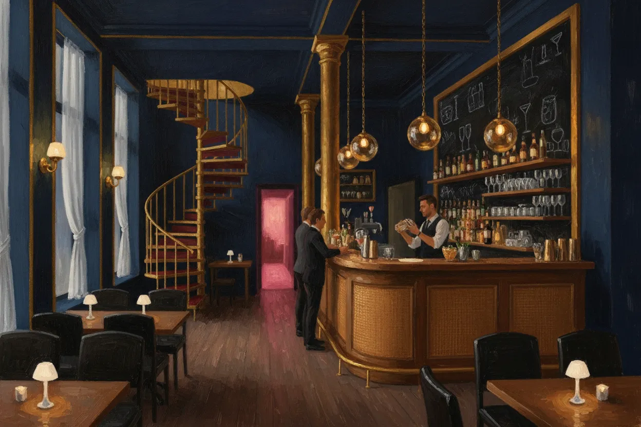 Gemaltes Bild: Die BengelBatz-Bar bei Nacht mit Kreidetafel und goldener Wendeltreppe
