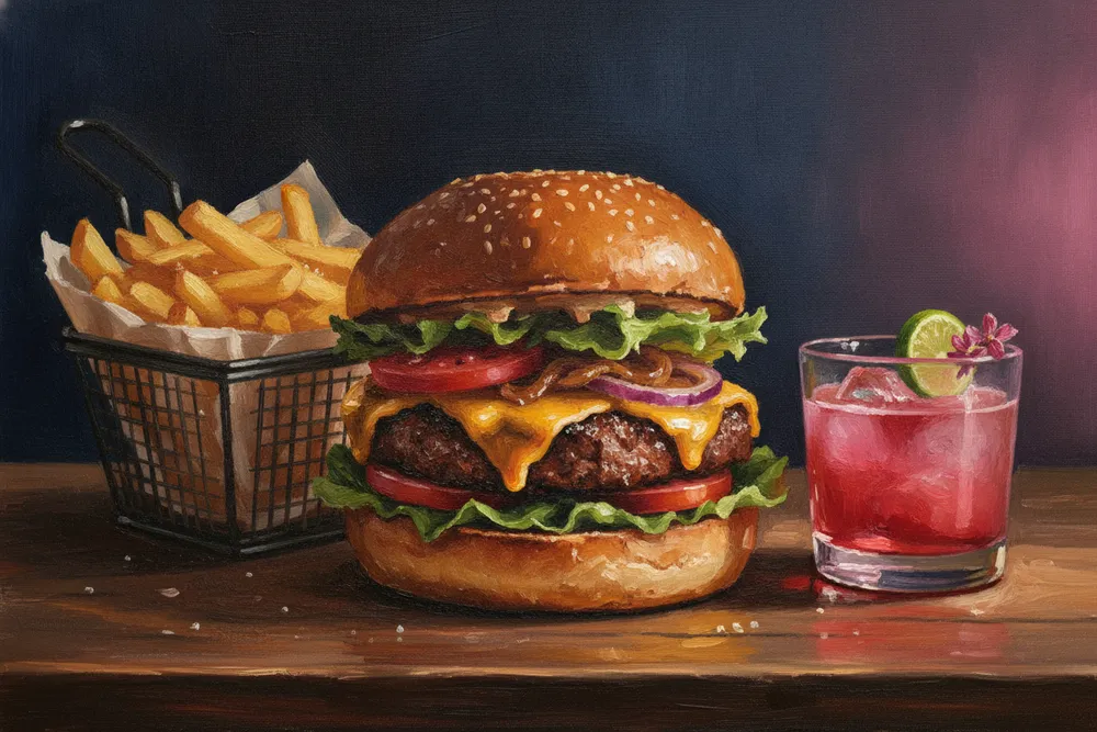 Gemaltes Bild: Smashed Burger mit Fries und Cocktail bei Nacht